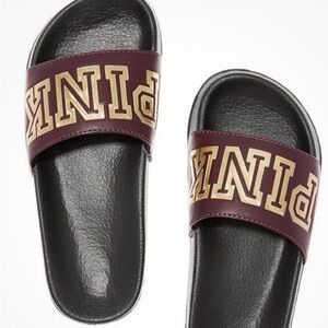 PINK Victoria's Secret Burgandy Slide Sandals with Gold Logo